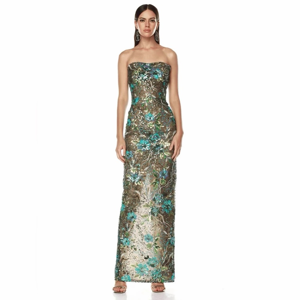 Bronx and Banco Black Dress with Teal and Green Floral Embroidery
